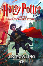 Off the shelf, Book cover with book title Harry Potter and the Philosopher's Stone (Sorcerer's Stone) in red letters, Harry Potter #1, showing young boy with round brown glasses wearing a dark robe, cardinal red cape, and various arm and elbow pads, atop a broom with what apear to be two tall buildings in the background and several gold rings shaped like small hoops near the brush end of his broom, title of the author, J.K. Rowling, in all capital white letters on the bottom