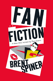 Off the shelf, Book cover for Brent Spiner's Mem-Noir Fan Fiction, fire engine red cover with the title in large black letters across the top center of the cover with a representation of the author wearing a black and yellow top with a bright red knife skewering him while he is inside a white envelope with the imprint of red lips on it and the author's name in all capital black letters