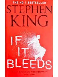 Off the shelf, Red book cover for Stephen King's collection of novellas If It Bleeds with his name in large black capital letters across the top with the title of the book in large white capital letters next to the image of a man in profile seeming to leap or jump out into the air while at the same time scattering into white particles, no details of his face or clothing are shown