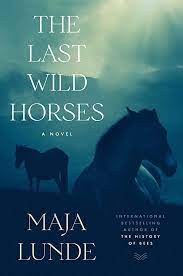 Off the shelf, Book cover for Maja Lunde The Last Wild Horses, cloudy, dark blue cover showing two horses in profile with a slight light above them coming from some clouds. The title is in all capital white letters on the top left with the author's name in all capital white letters on the bottom left and on the bottom right it says International Bestselling Author of The History of Bees