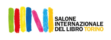 2023 logo for Salone Internazionale Del Libro Torino, the 2023 Turin International Book Fair, showing seven vertical spines of books in colors from, left to right, in green, red, yellow, dark blue, pink, light blue and pale orange. The first four are upright then the pink book is leaning against those four books from left to right followed by the final two books.