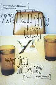 Off the shelf, book cover for Walkin' the Dog by Walter Mosley, showing photo of a simple chair behind a table, with a white metal frame and a beige plastic back facing a beige Formica table with two light brown plastic water glasses with water and ice in them, with a white napkin and a set of utensils in between the two cups with the title across the top of the cover, at a slant, with letters formed by black outline, and similar font with the author's name at the bottom left, also at a slant pointed toward the left