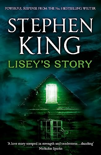 9781982147792 book cover for Lisey's Story by Stephen King showing a dark blue sky at night with clouds moving across and a house or barn structure with a kind of glowing green light in front or around it