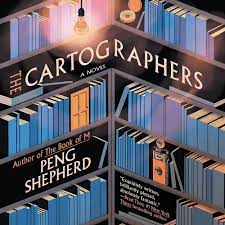 Book cover for The Cartographers by Peng Shepherd, showing library stacks with a compass and map