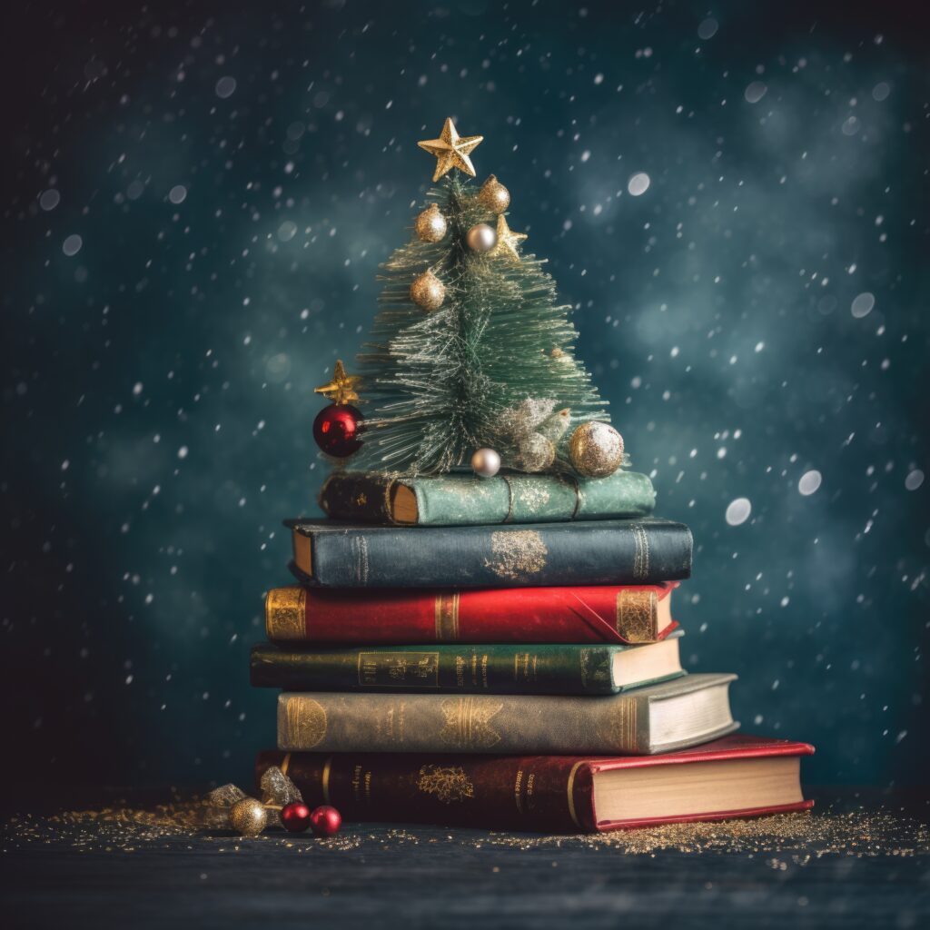 Small Christmas tree on top of a stack of old books