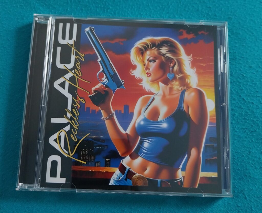 Album cover for Michael Palace Reckless Heart Eighties style blonde in blue tank top holding a large silver-blue pistol in her right hand with a neon orange and blue city skyline background