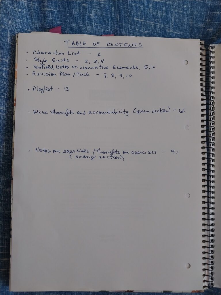Photo showing Table of Contents page of my revision journal