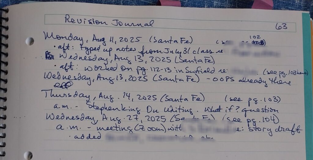 Photo showing page 63 of my revision journal, which has dated entries from August 2025 explaining what I did on those days (for example, "worked on pages 112-13 of Scofield)