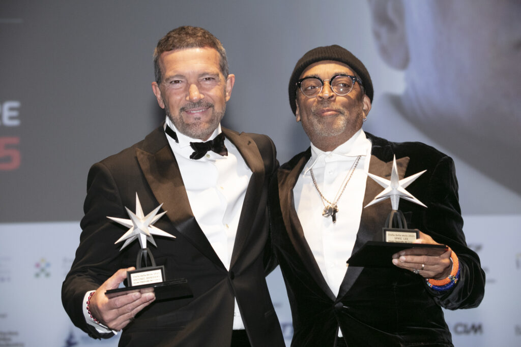 Antonio Banderas and Spike Lee at the 2025 Torino Film Festival Opening Night receiving the Stella della Mole awards, photo courtesy of the Torino Film Festival